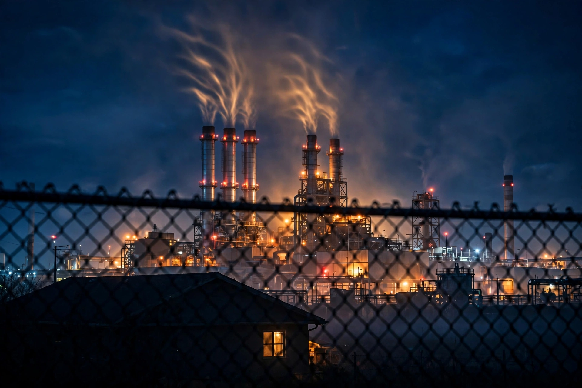 Gas turbine stacks glowing at night behind a chain-link fence, a house window lit in the foreground